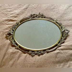 Antique Tony Duquette Style Gold Brass Oval Accent
Mirror Filigree Flower Detail